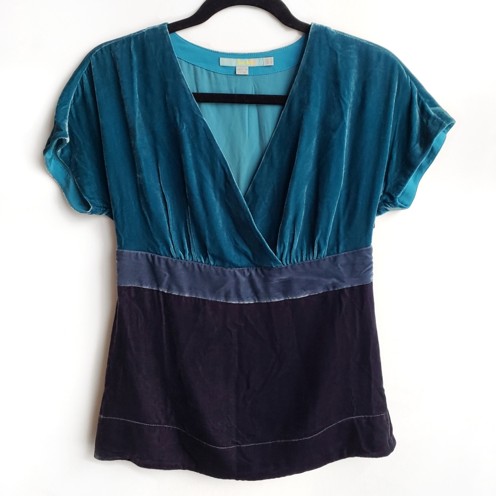 Boden Colorblock Velvet Faux Wrap V-Neck Blouse in Teal/Gray/Purple